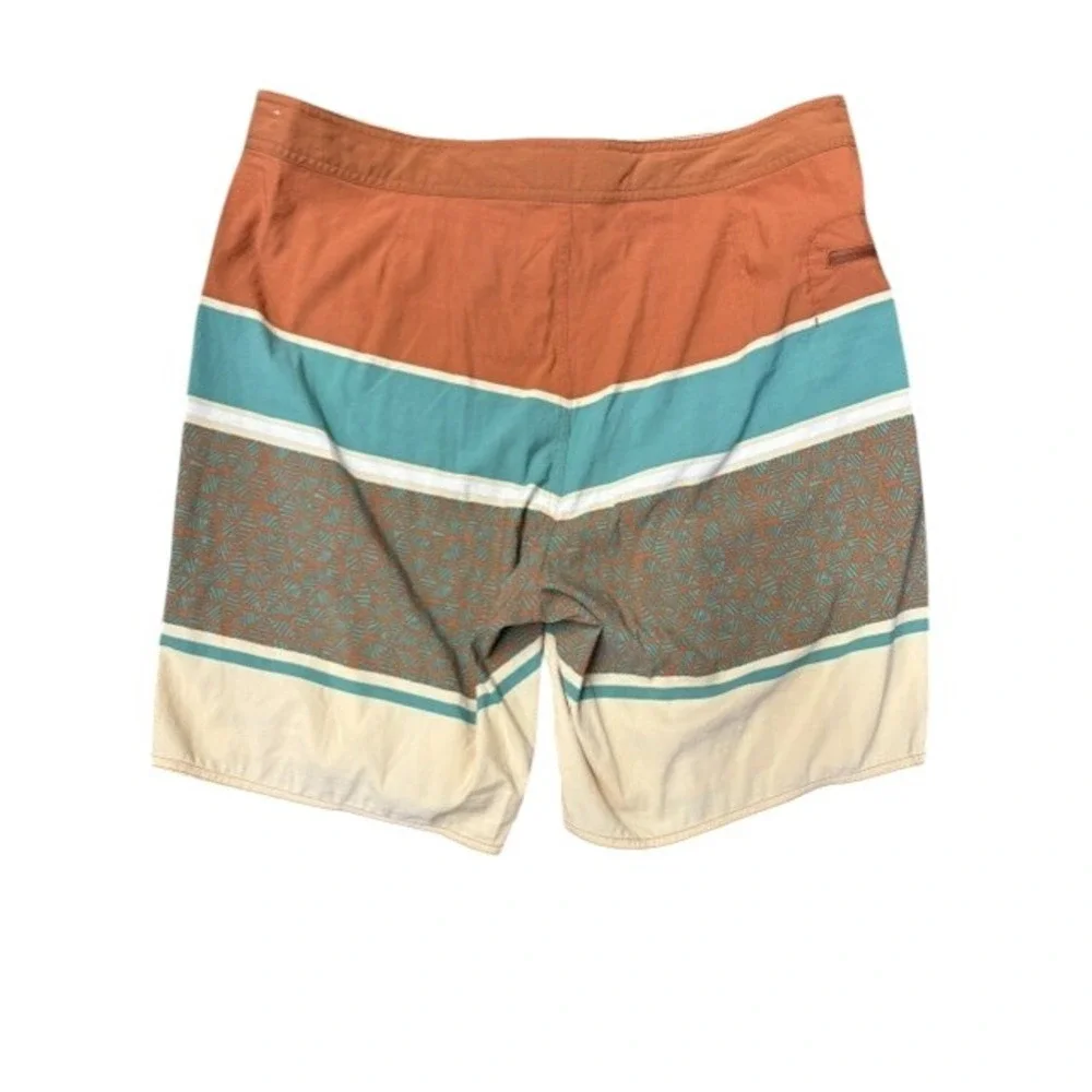 Patagonia Mens Multi Color Striped Board Shorts Size 38 Orange Teal Tan